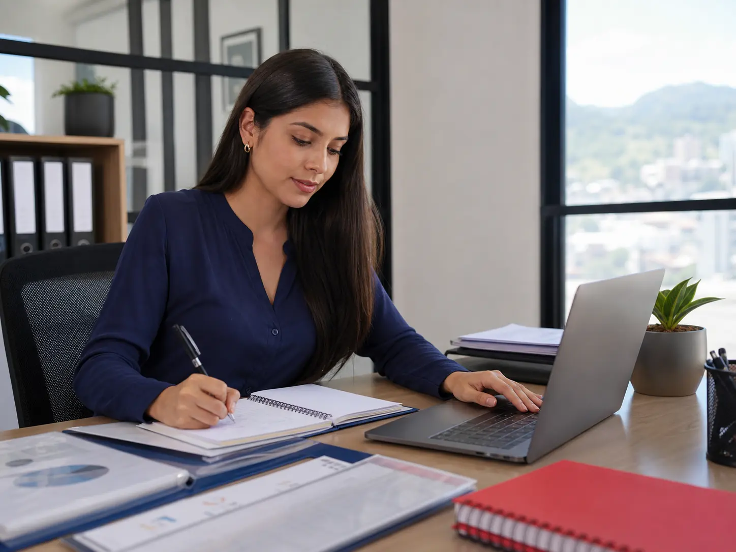 Estudiante de Gestión Administrativa trabajando en una oficina moderna
